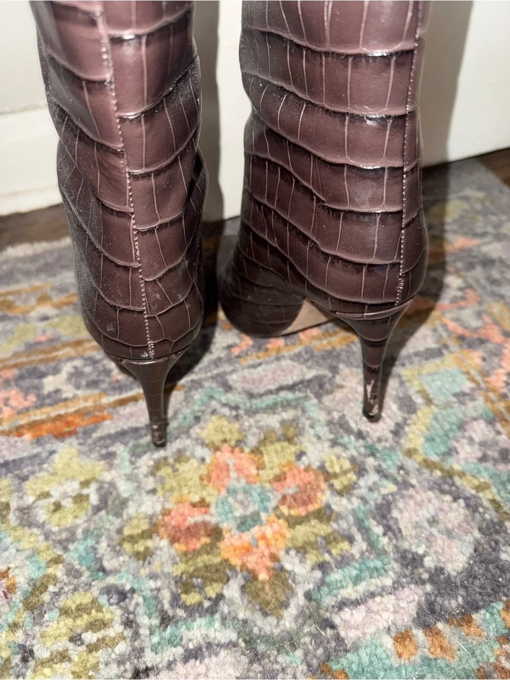 SCHUTZ Croc-Embossed Pointed-Toe Over-the-Knee Boots - Dark Brown
